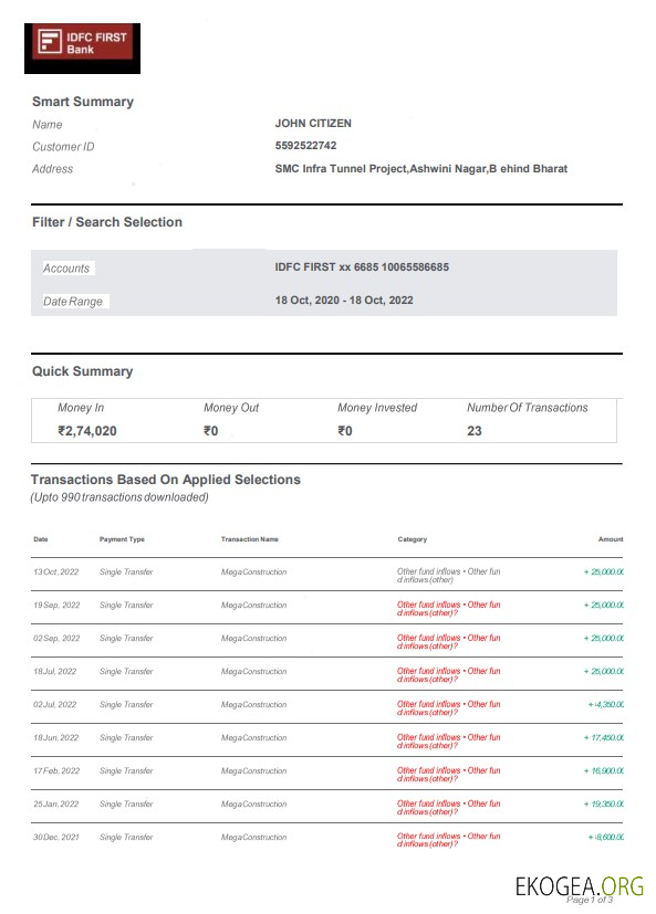 Modèle de relevé bancaire Inde IDFC, format Word et PDF, 3 pages, version 2
